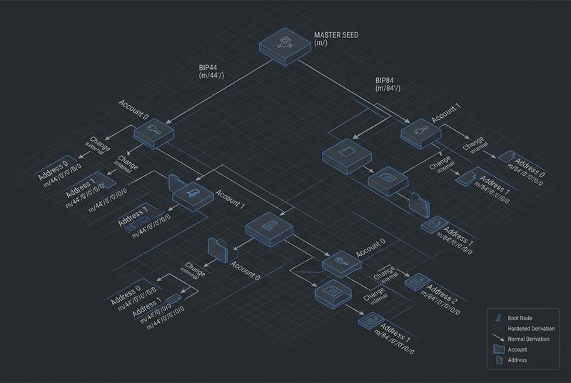 Hierarchical Deterministic (HD) wallet derivation tree branching from a master seed into BIP44 and BIP84 nodes