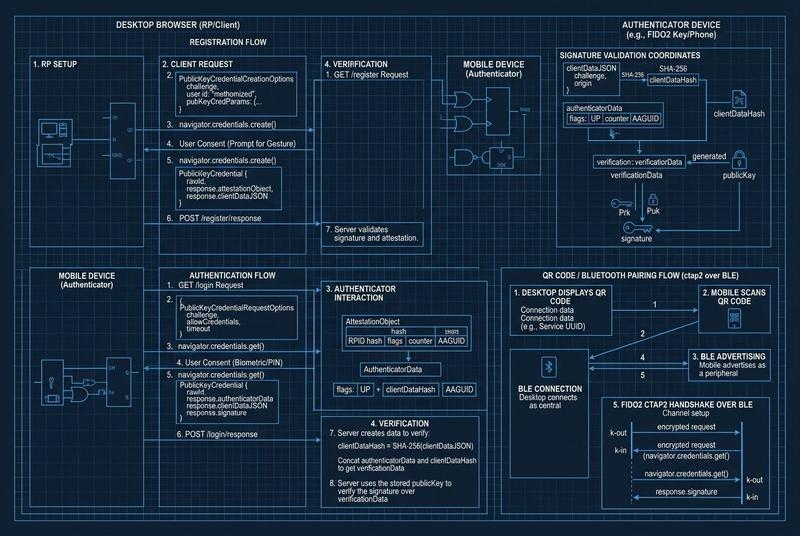 WebAuthn API cryptographic handshake across desktop and mobile transports